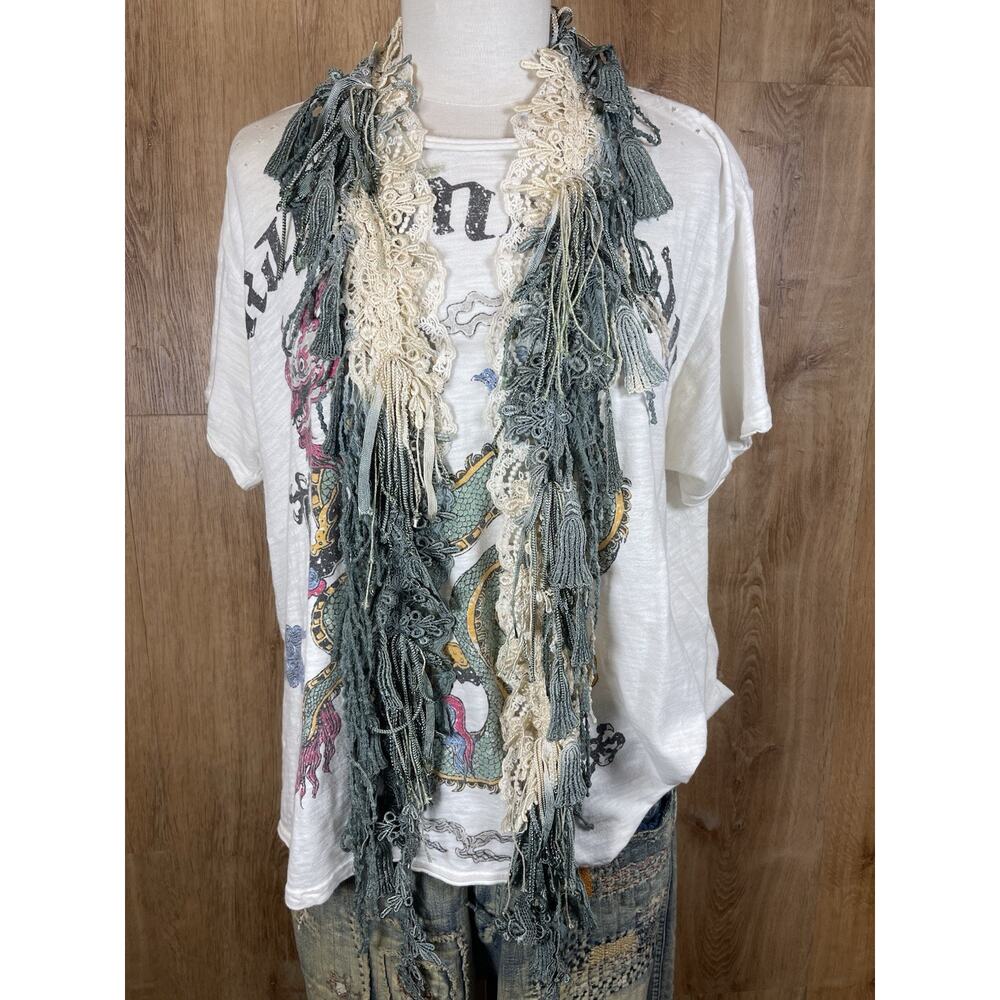 Artist made Boho Whimsical Hand Dyed Ombre' lace Lena Scarf Green Cream